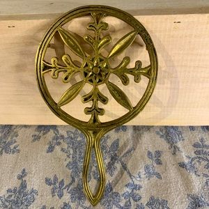 VTG 7" long Brass Snowflake or Floral Footed & Handled Trivet Made in Japan